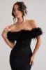 Idyll | Black Lace Bardot Feather Fishtail Maxi Dress sold by Club L London