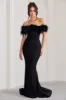 Idyll | Black Lace Bardot Feather Fishtail Maxi Dress sold by Club L London