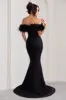 Idyll | Black Lace Bardot Feather Fishtail Maxi Dress sold by Club L London