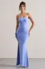 My Muse | Blue Ruched Bandeau Split Maxi Dress With Flowers sold by Club L London