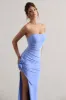 My Muse | Blue Ruched Bandeau Split Maxi Dress With Flowers sold by Club L London