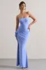 My Muse | Blue Ruched Bandeau Split Maxi Dress With Flowers sold by Club L London