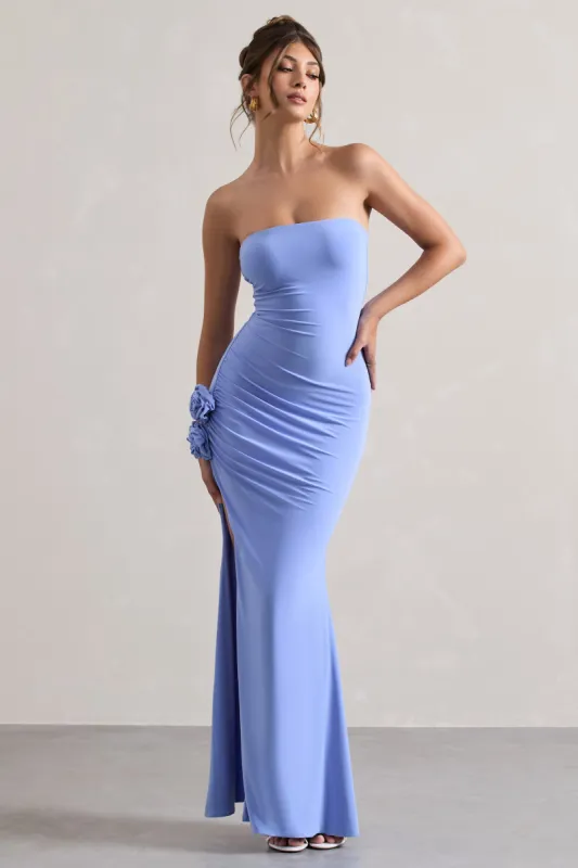 My Muse | Blue Ruched Bandeau Split Maxi Dress With Flowers sold by Club L London