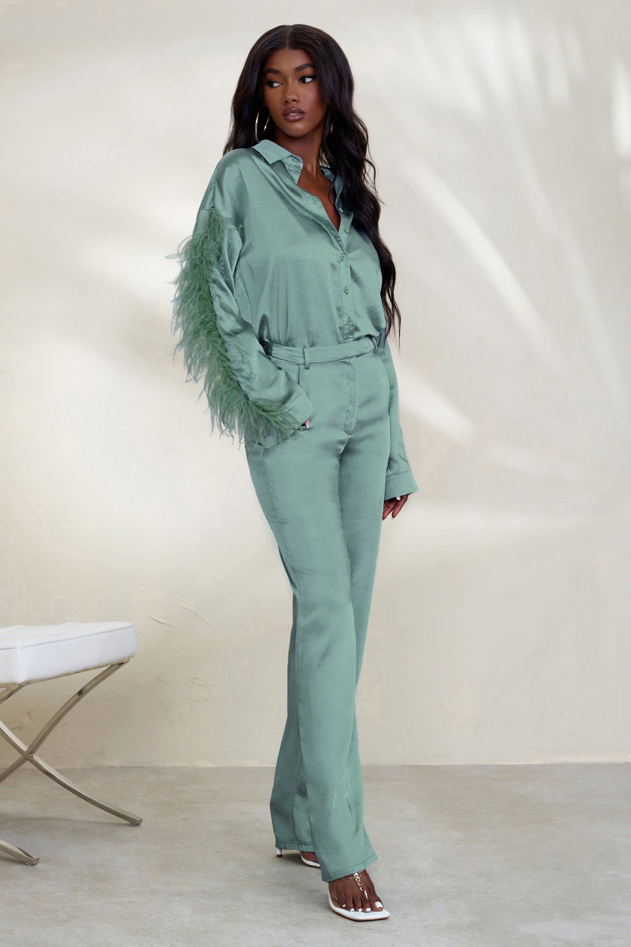Evening Memories | Duck Egg Blue Satin Wide Leg Trousers sold by Club L London product image thumbnail 4