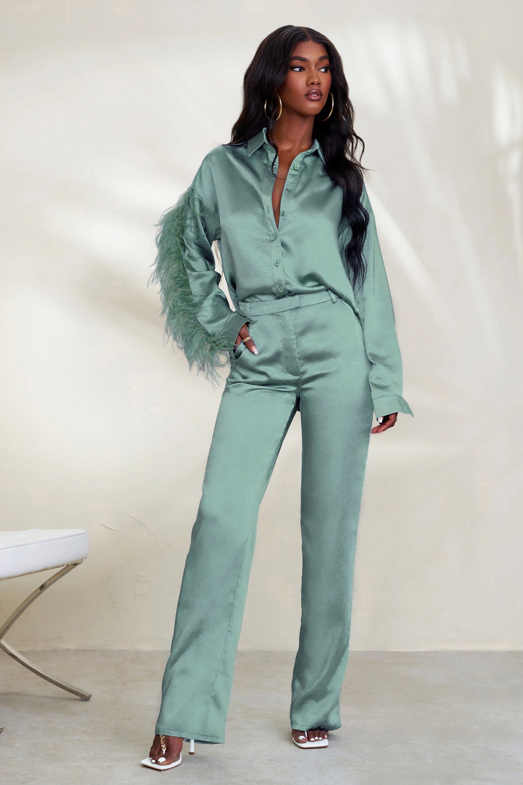 Evening Memories | Duck Egg Blue Satin Wide Leg Trousers sold by Club L London product image thumbnail 3