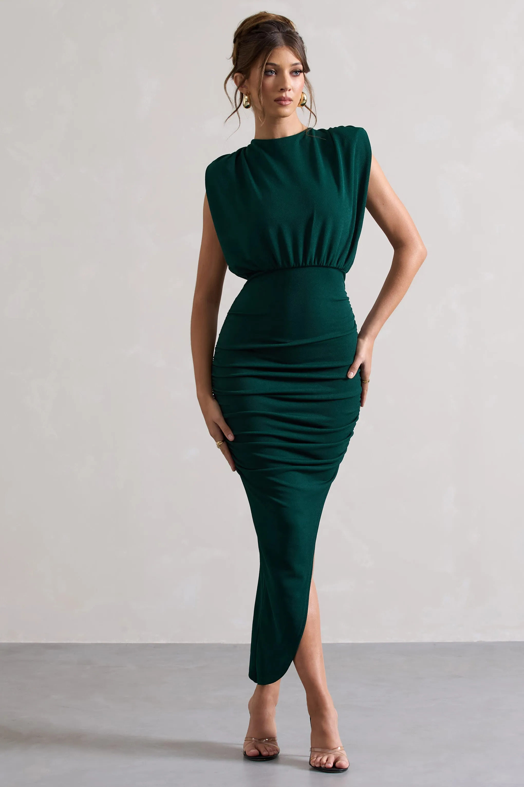 Jennifer | Bottle Green Sleeveless Maxi Dress With Asymmetric Hem sold by Club L London