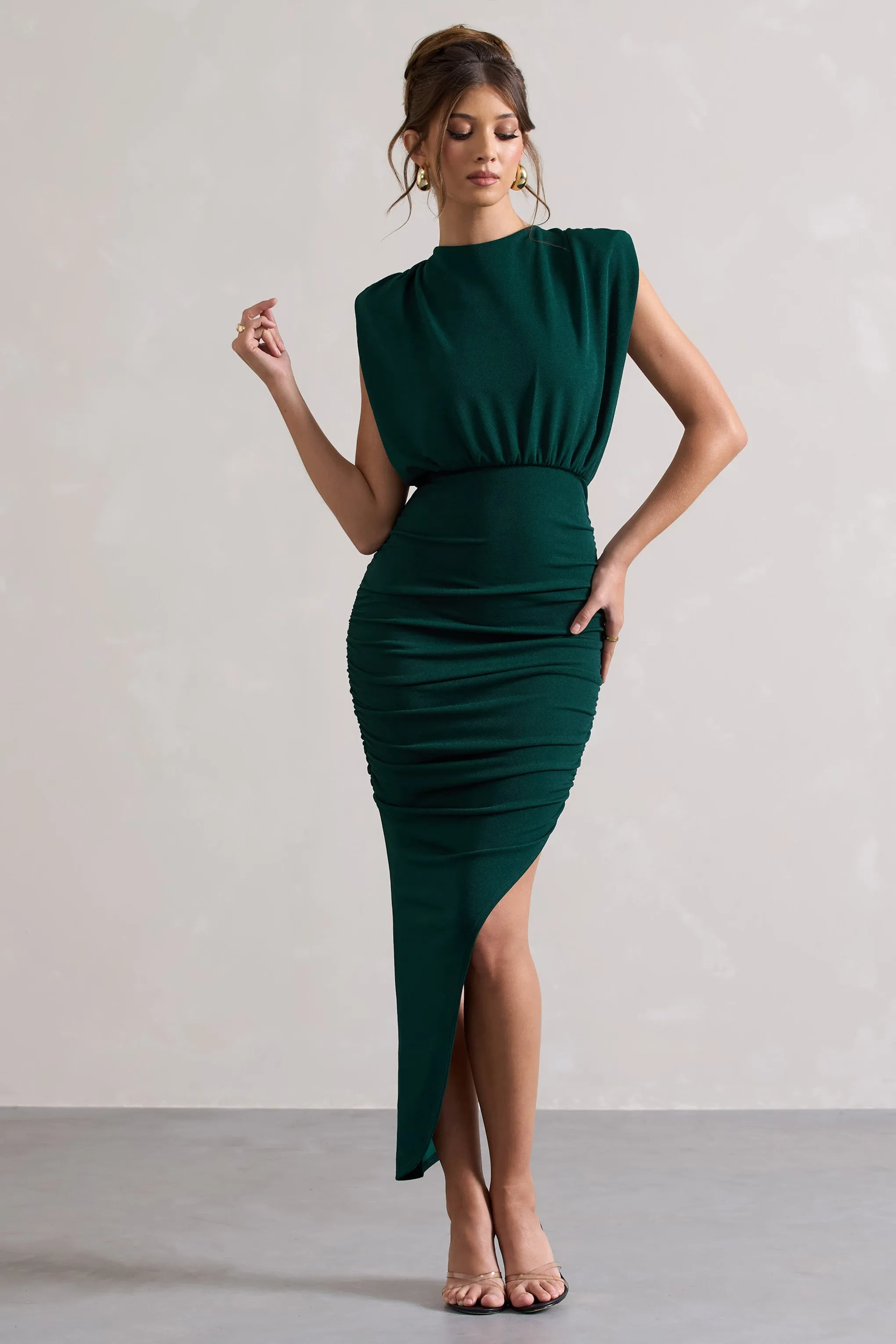 Jennifer | Bottle Green Sleeveless Maxi Dress With Asymmetric Hem sold by Club L London product image thumbnail 4