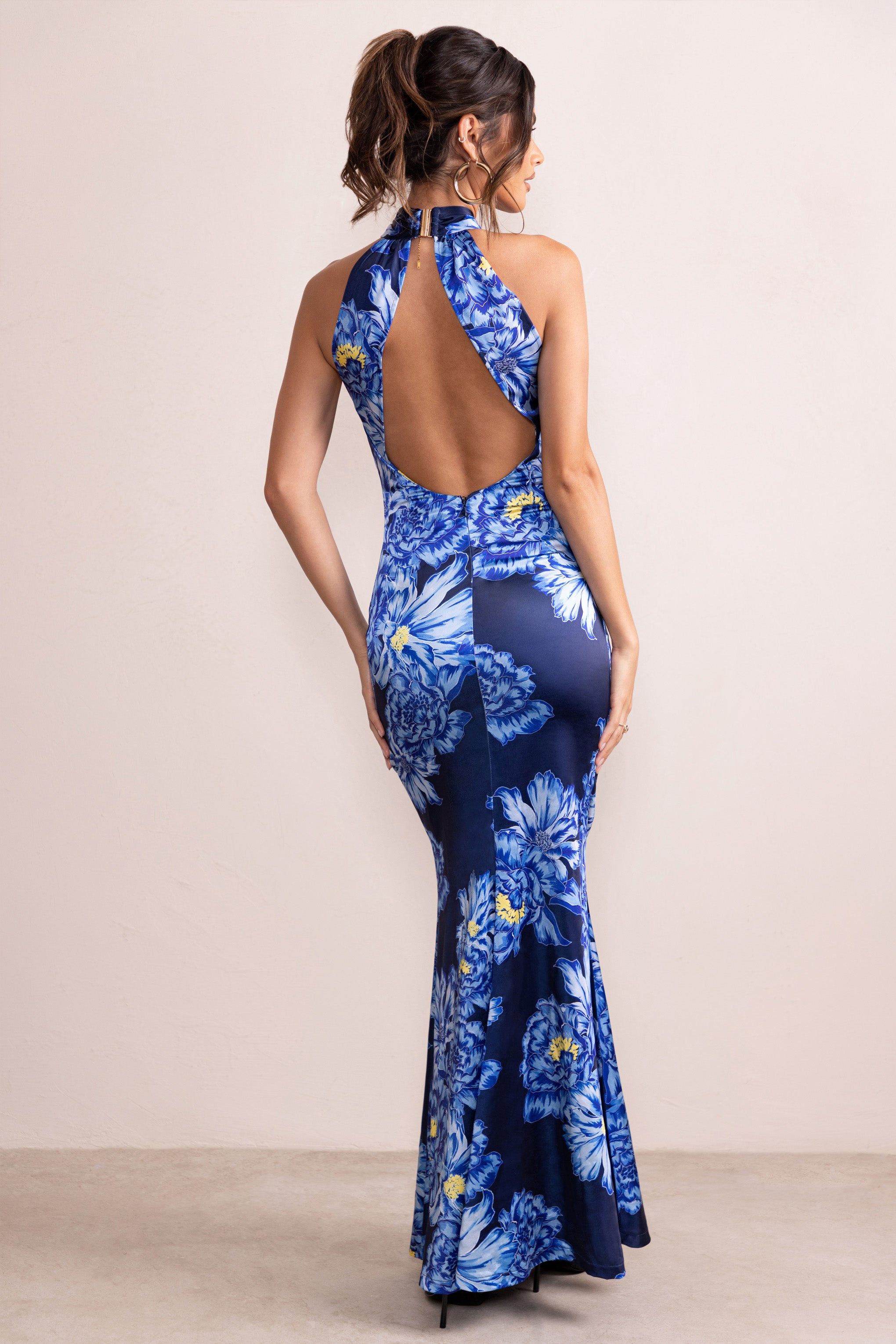 Unstoppable | Blue Floral Print Satin Cross Over Halter Neck Maxi Dress sold by Club L London product image thumbnail 2