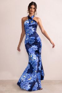 Unstoppable | Blue Floral Print Satin Cross Over Halter Neck Maxi Dress sold by Club L London