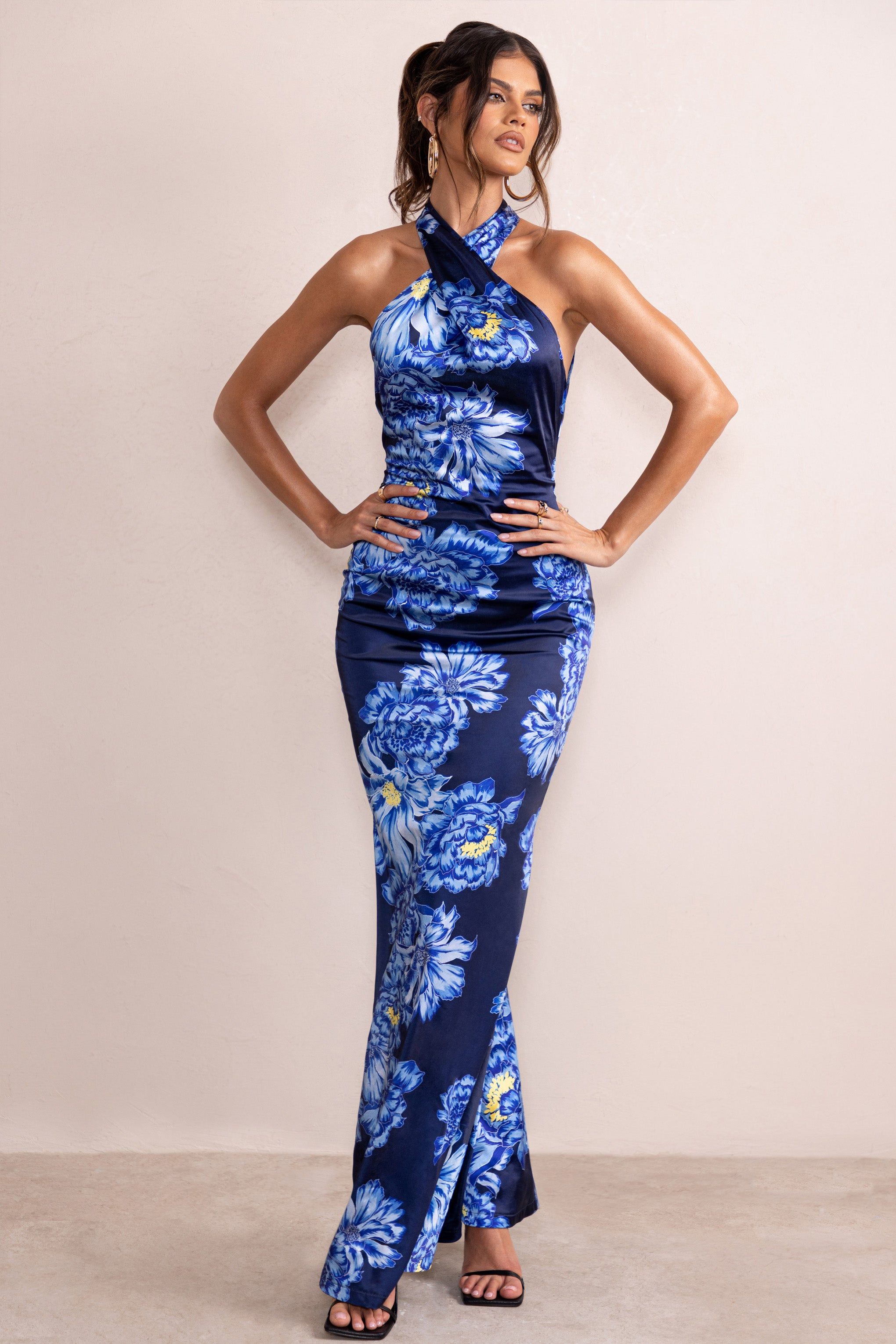 Unstoppable | Blue Floral Print Satin Cross Over Halter Neck Maxi Dress sold by Club L London product image thumbnail 5