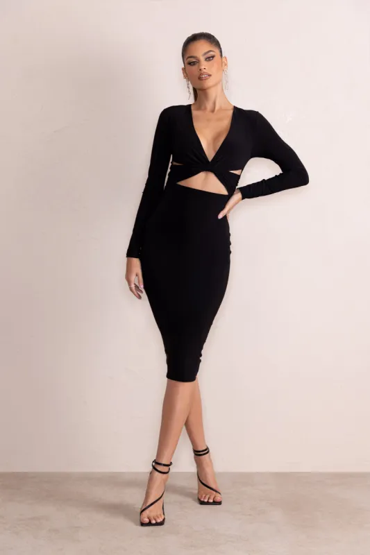 Julieta | Black Plunge Neck Long Sleeve Ruched Midi Dress With Cut Out Detail sold by Club L London
