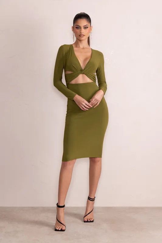 Julieta | Green Plunge Neck Long Sleeve Ruched Midi Dress With Cut Out Detail sold by Club L London