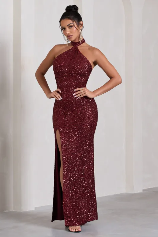 On The Rise | Berry Sequin High-Neck Strappy-Back Split Maxi Dress sold by Club L London