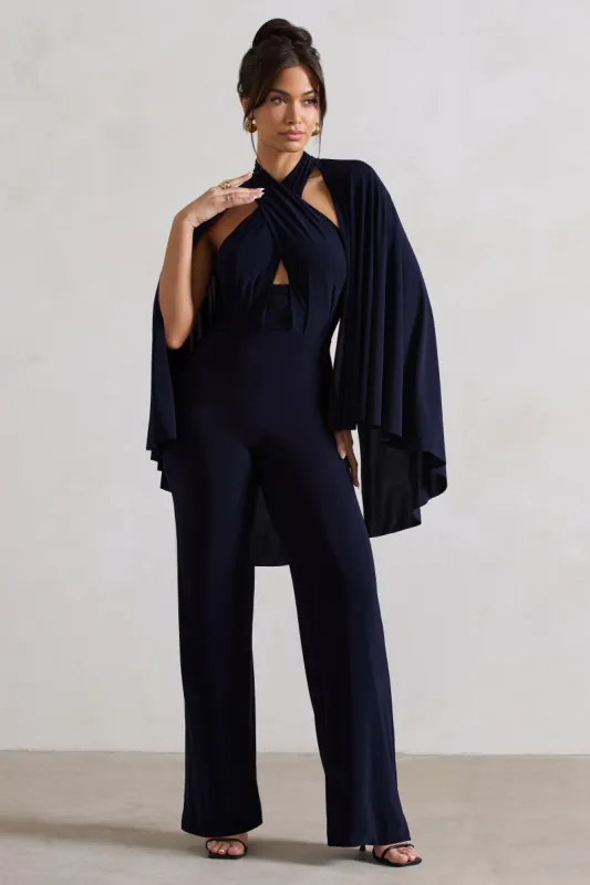 Lourdes | Navy Halter-Neck Straight-Leg Jumpsuit With Cape sold by Club L London