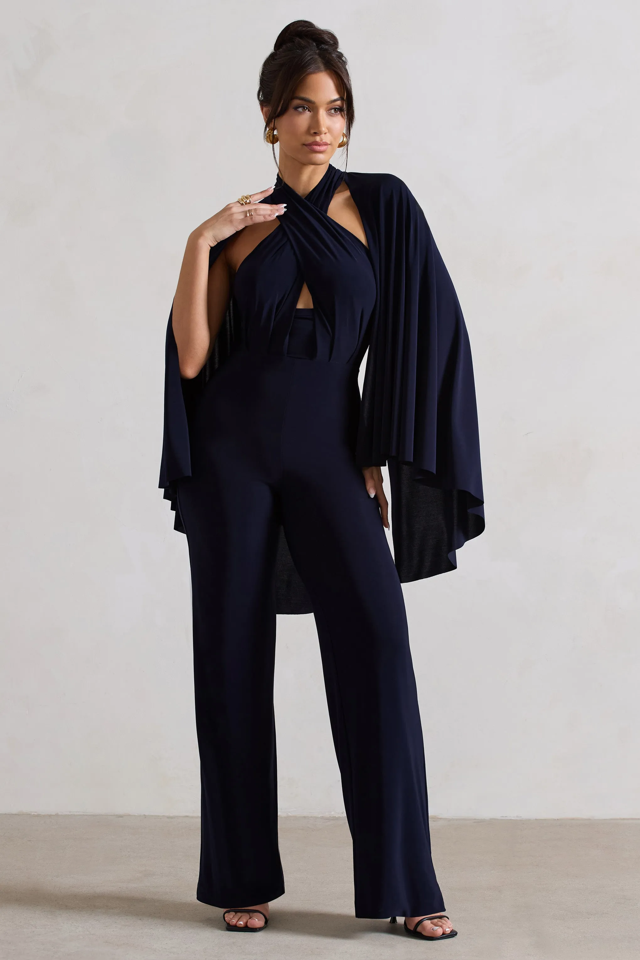 Lourdes | Navy Halter-Neck Straight-Leg Jumpsuit With Cape sold by Club L London