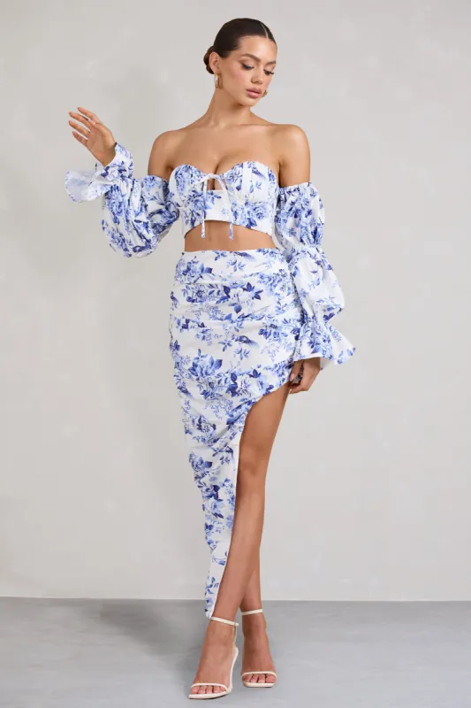 Holiday | Blue Floral Ruched Asymmetric Maxi Skirt sold by Club L London