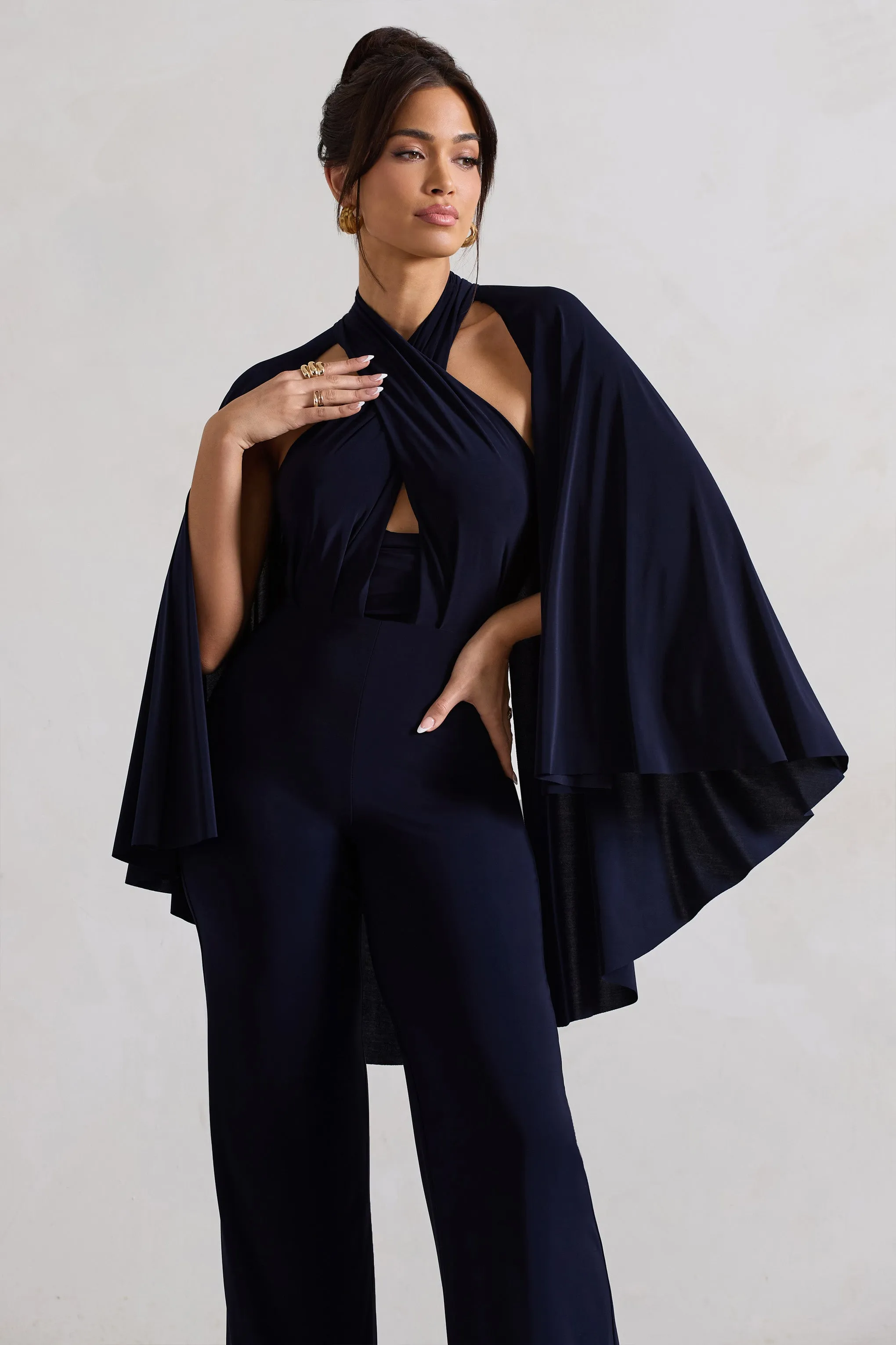 Lourdes | Navy Halter-Neck Straight-Leg Jumpsuit With Cape sold by Club L London product image thumbnail 3