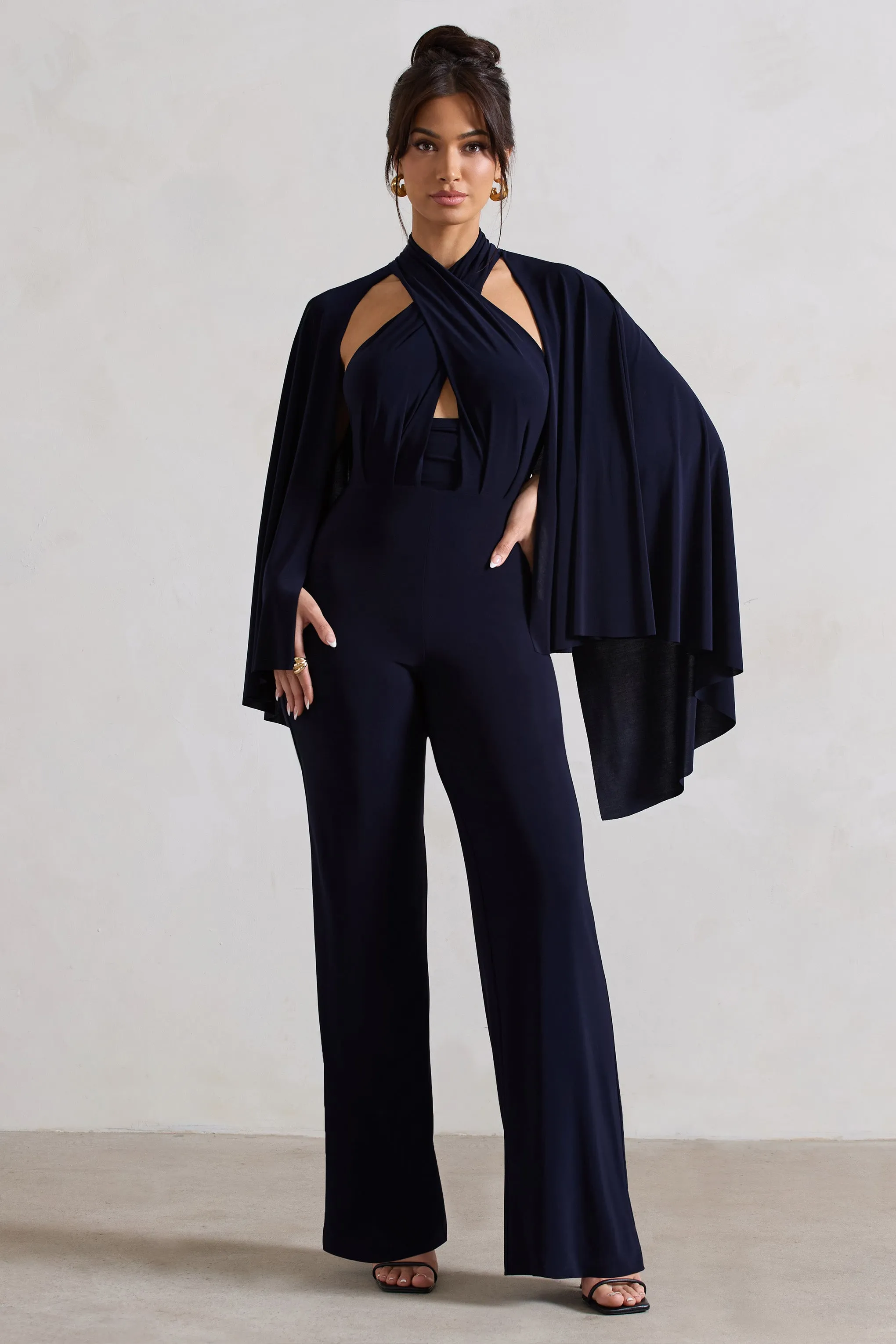Lourdes | Navy Halter-Neck Straight-Leg Jumpsuit With Cape sold by Club L London product image thumbnail 5
