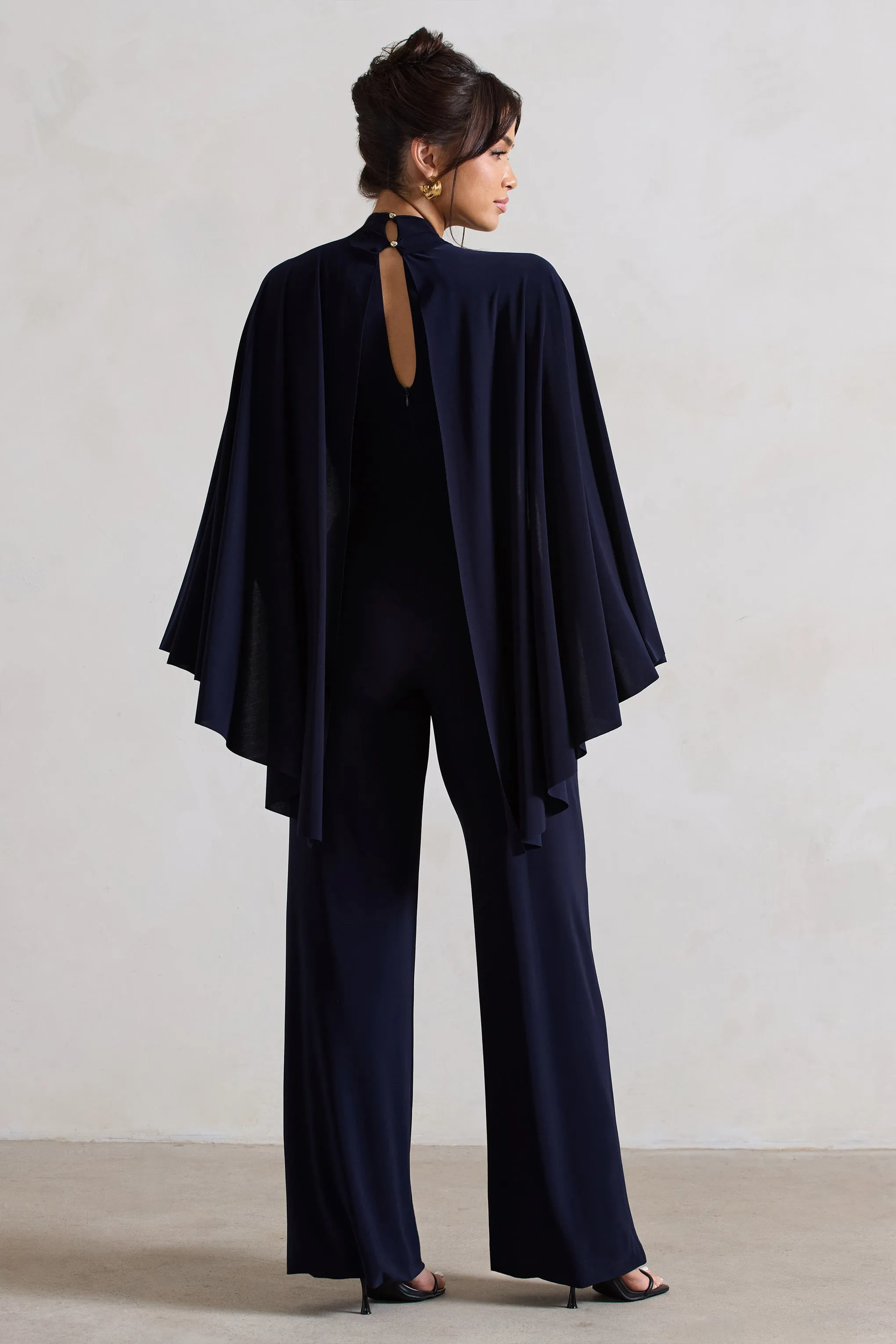 Lourdes | Navy Halter-Neck Straight-Leg Jumpsuit With Cape sold by Club L London product image thumbnail 2