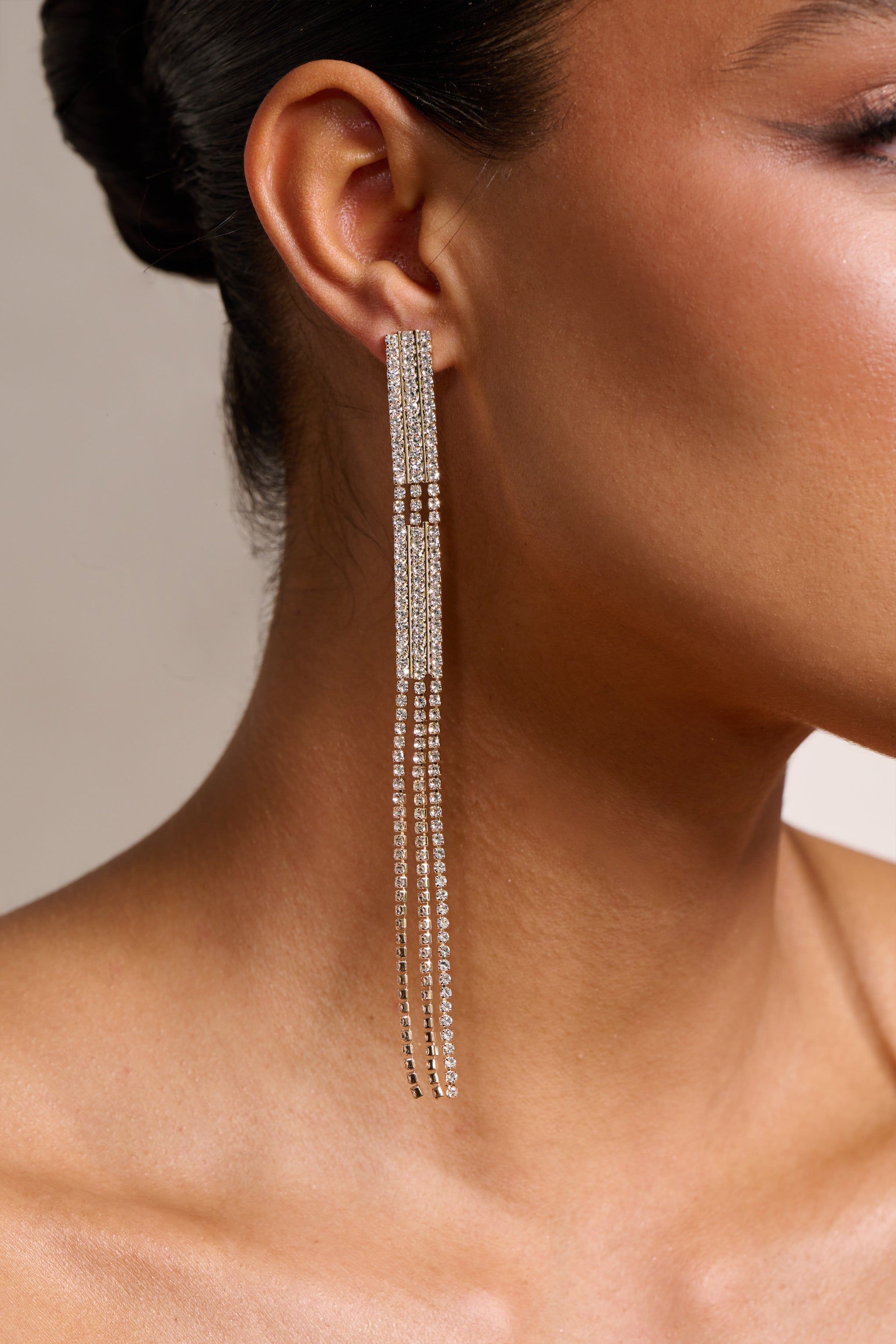 Maude | Gold Diamante Tassel Drop Earrings sold by Club L London product image thumbnail 2