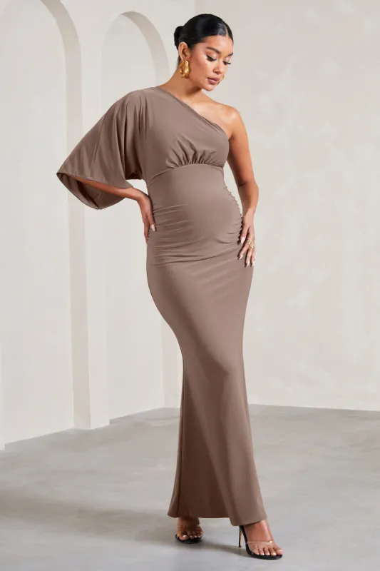 Wisdom | Mocha Ruched Asymmetric One-Shoulder Maternity Maxi Dress sold by Club L London