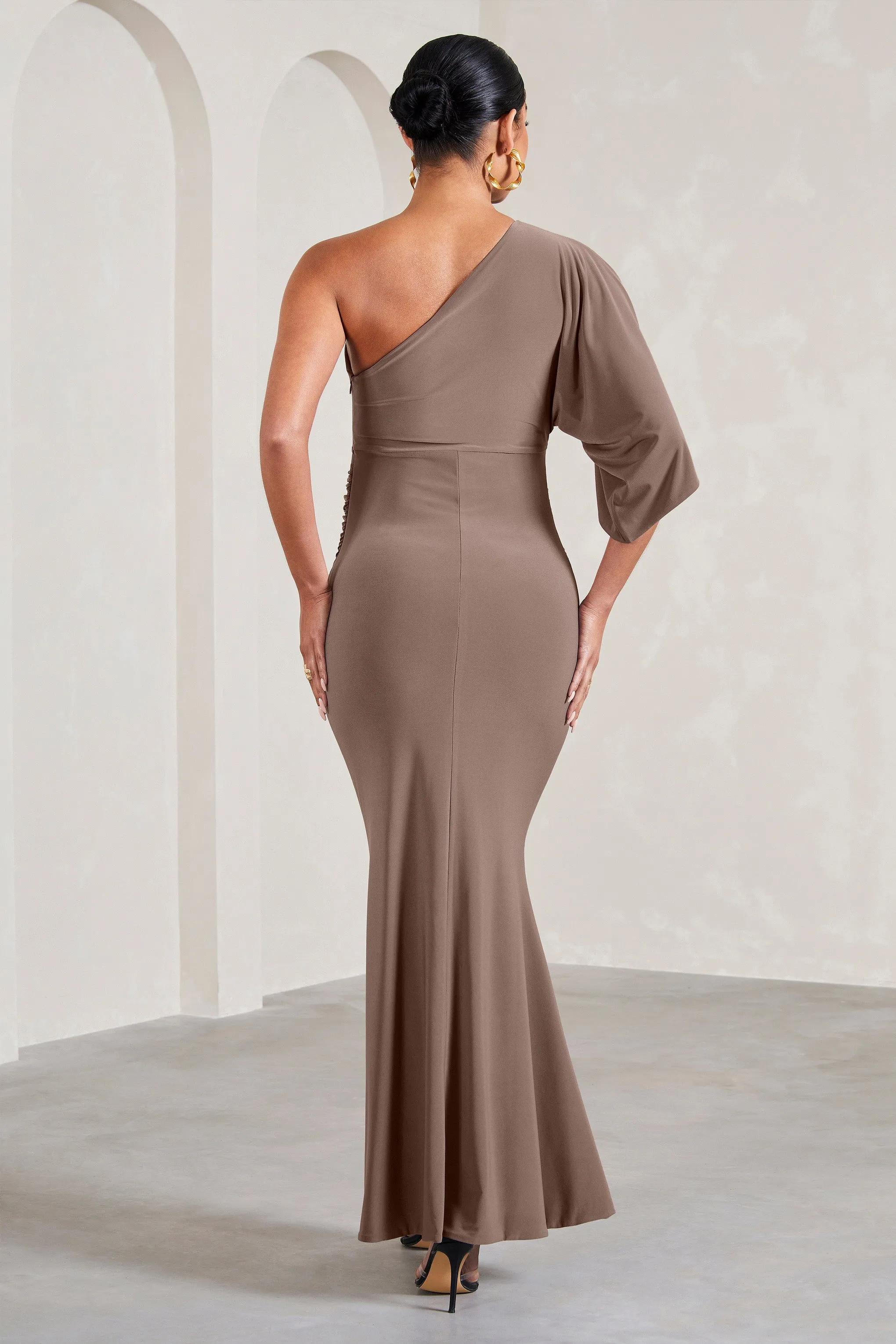 Wisdom | Mocha Ruched Asymmetric One-Shoulder Maternity Maxi Dress sold by Club L London product image thumbnail 2