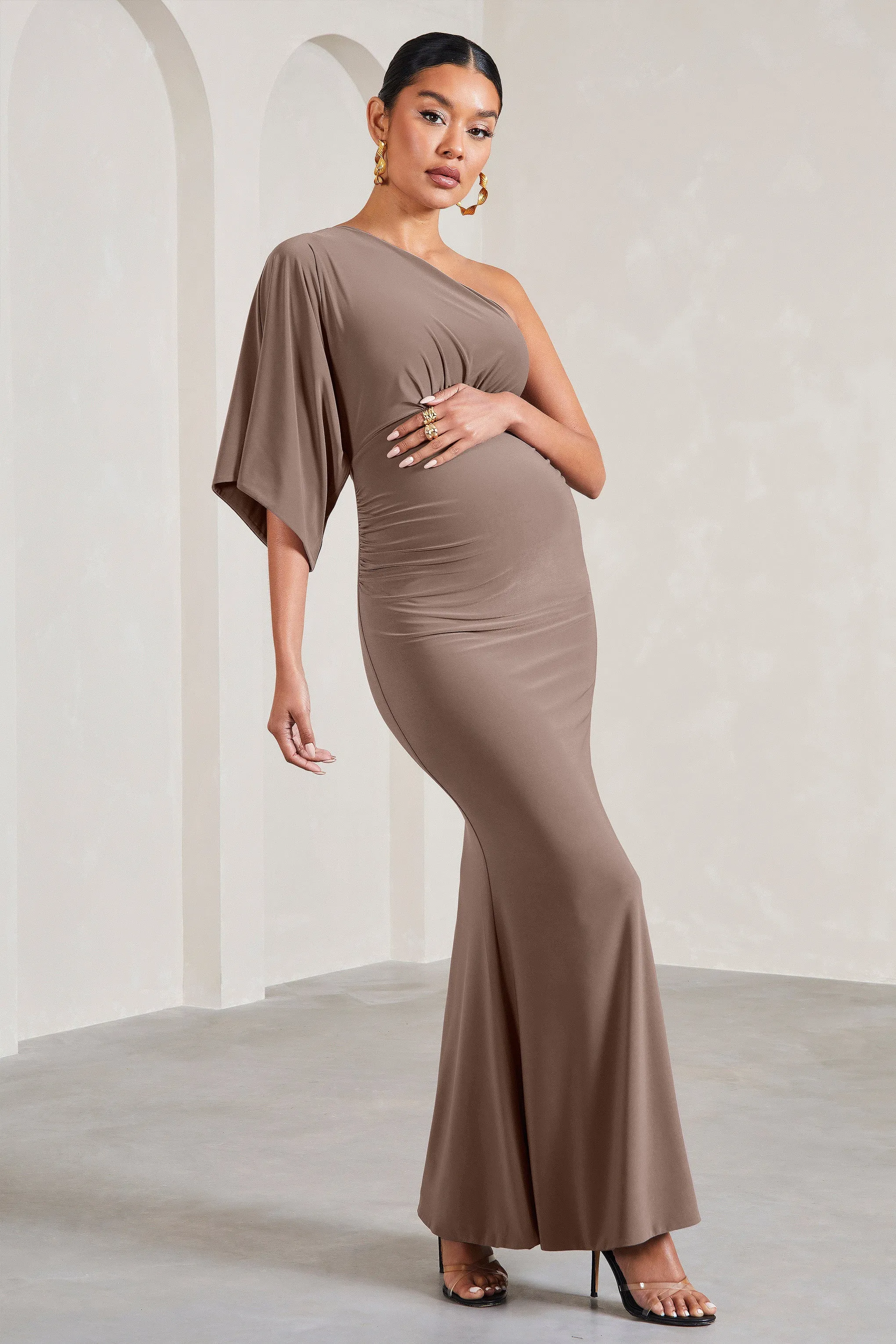 Wisdom | Mocha Ruched Asymmetric One-Shoulder Maternity Maxi Dress sold by Club L London product image thumbnail 4