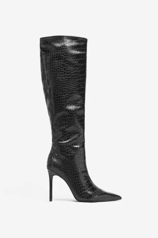Uptown | Black Croc Fitted Over-Knee Pointed Heeled Boots sold by Club L London