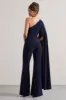 Julie | Navy Asymmetric Flared-Leg Jumpsuit With Cape Sleeve sold by Club L London