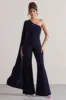 Julie | Navy Asymmetric Flared-Leg Jumpsuit With Cape Sleeve sold by Club L London