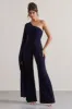 Julie | Navy Asymmetric Flared-Leg Jumpsuit With Cape Sleeve sold by Club L London