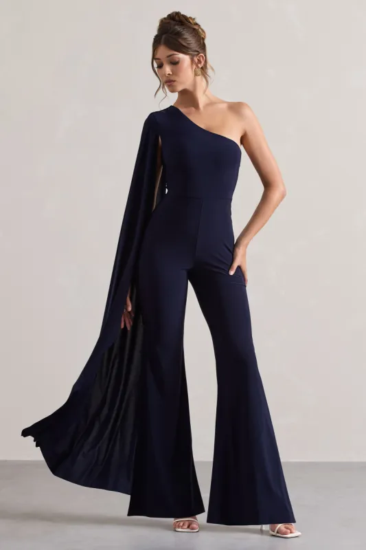 Julie | Navy Asymmetric Flared-Leg Jumpsuit With Cape Sleeve sold by Club L London