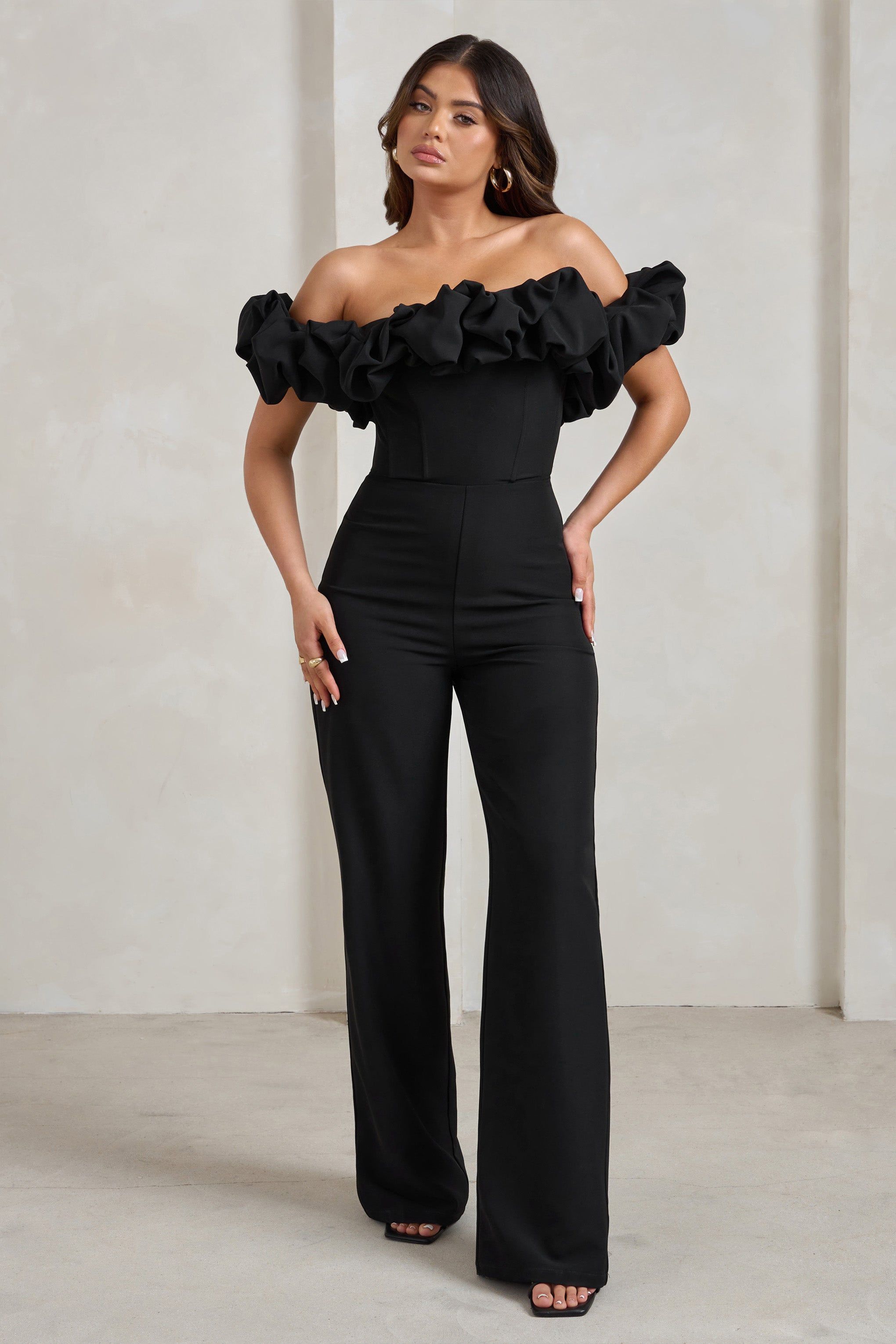 Esmie | Black Structured Statement Bardot Wide Leg Jumpsuit sold by Club L London product image thumbnail 4