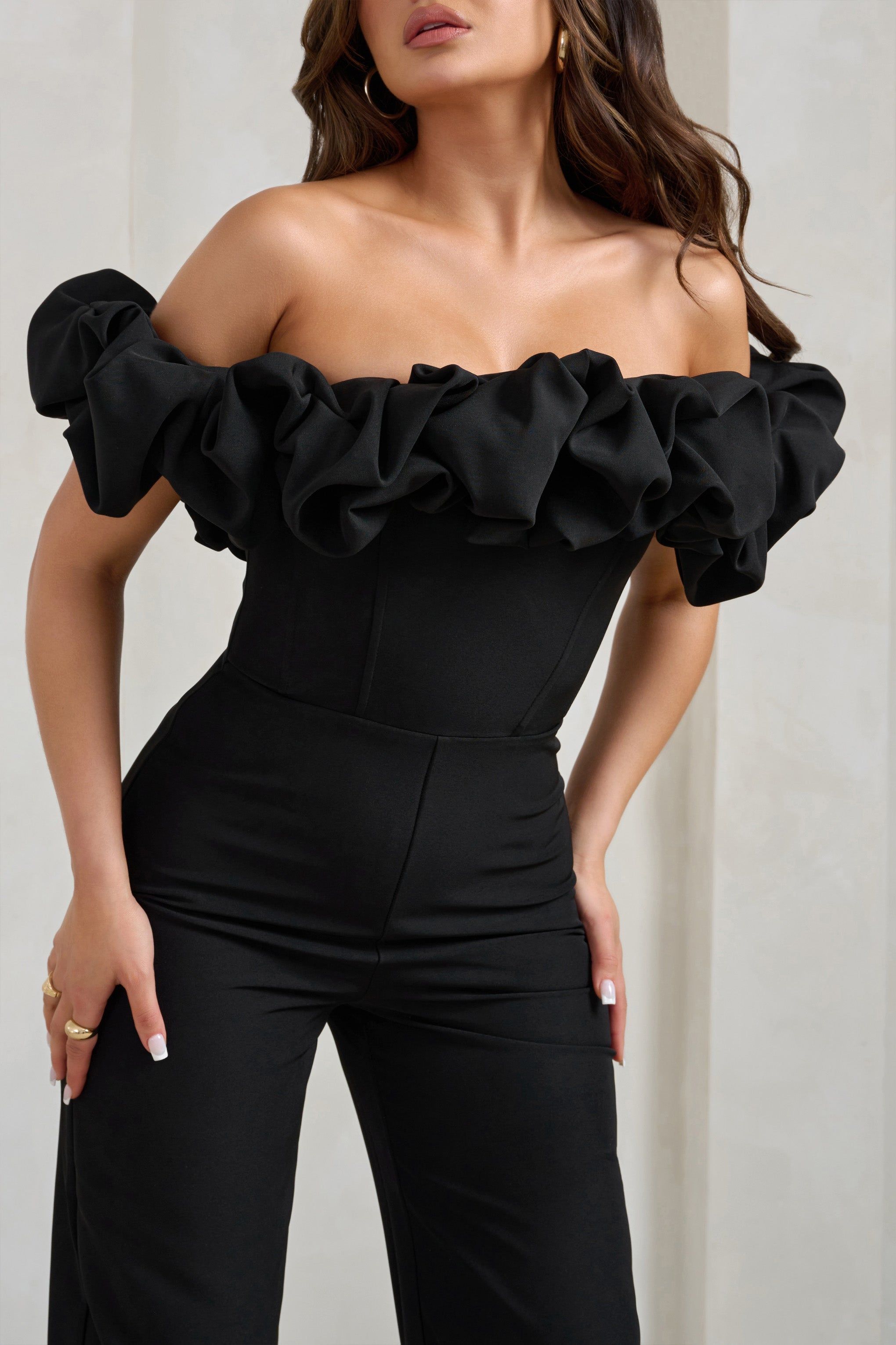 Esmie | Black Structured Statement Bardot Wide Leg Jumpsuit sold by Club L London product image thumbnail 3