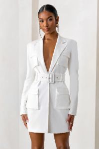 Tabitha | White Plunge Neck Blazer Mini Dress With Utility Pockets And Belt Detail sold by Club L London