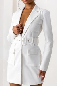 Tabitha | White Plunge Neck Blazer Mini Dress With Utility Pockets And Belt Detail sold by Club L London