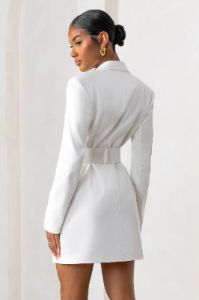 Tabitha | White Plunge Neck Blazer Mini Dress With Utility Pockets And Belt Detail sold by Club L London