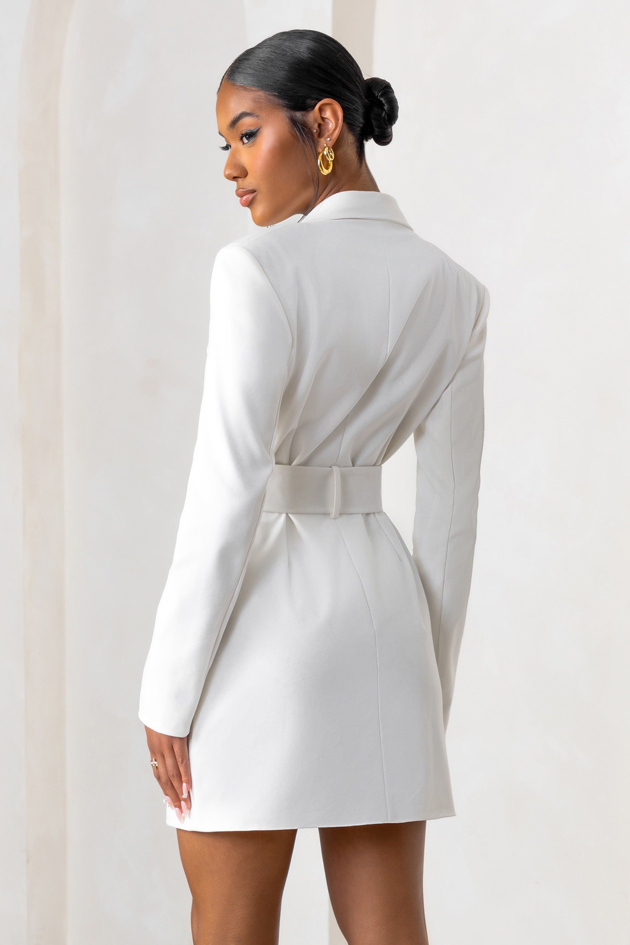 Tabitha | White Plunge Neck Blazer Mini Dress With Utility Pockets And Belt Detail sold by Club L London product image thumbnail 2
