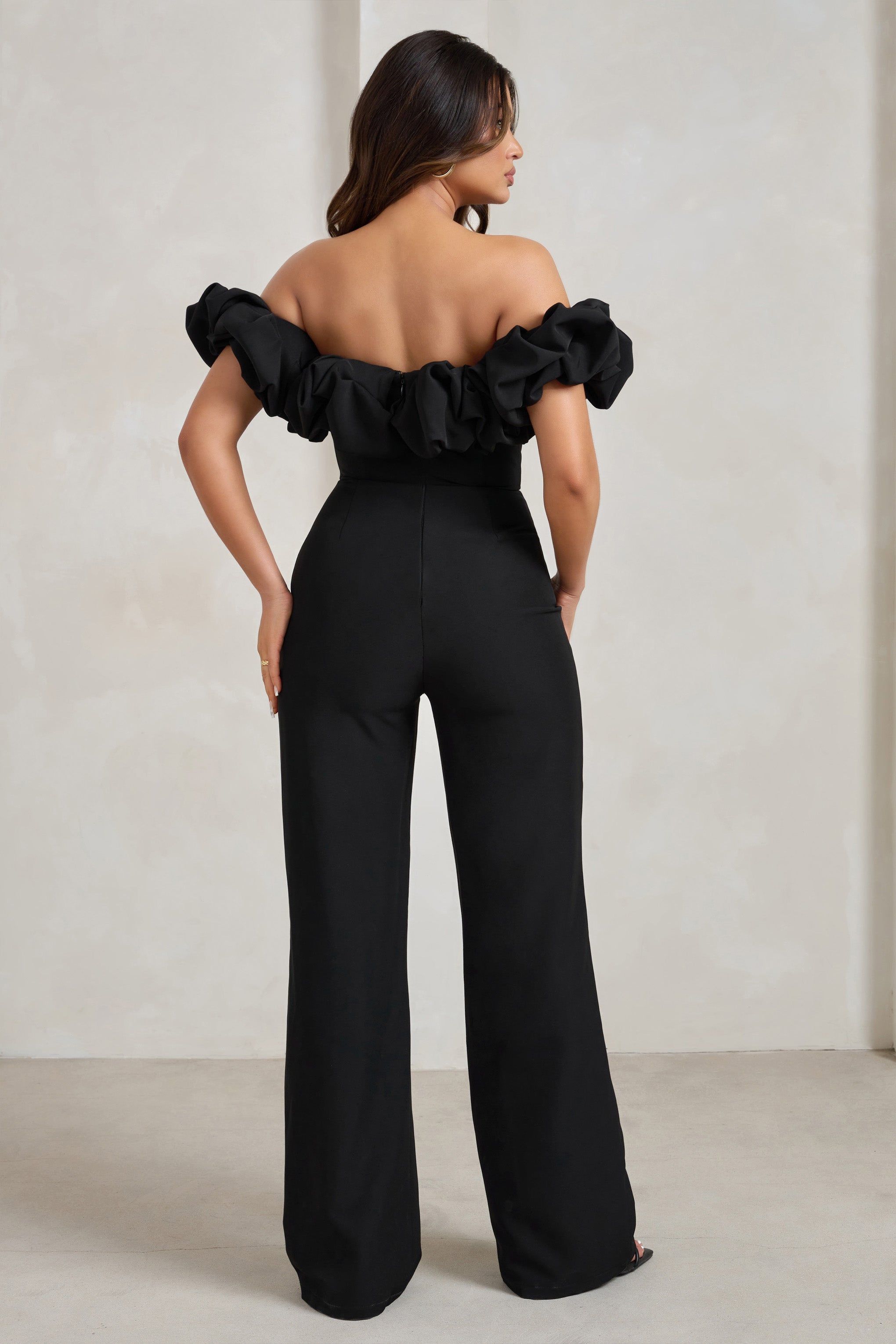 Esmie | Black Structured Statement Bardot Wide Leg Jumpsuit sold by Club L London product image thumbnail 2