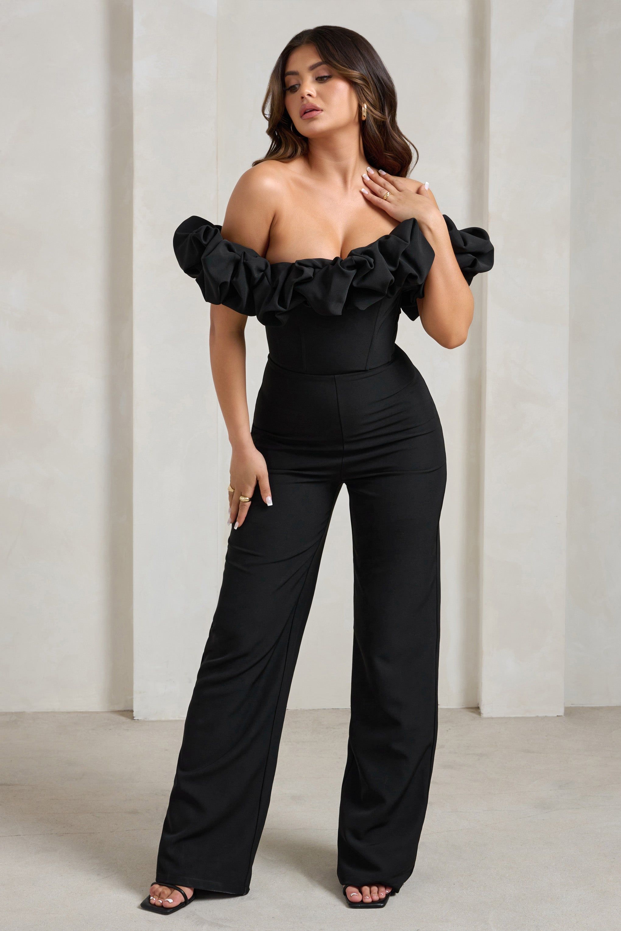 Esmie | Black Structured Statement Bardot Wide Leg Jumpsuit sold by Club L London product image thumbnail 5