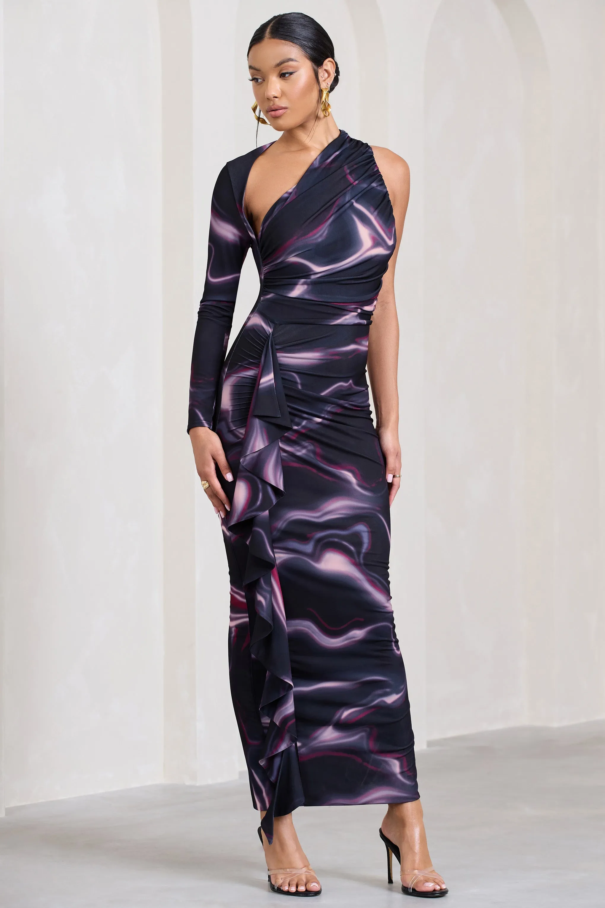 Compass | Black Printed One-Sleeved Cut-Out Maxi Dress With Ruffle sold by Club L London