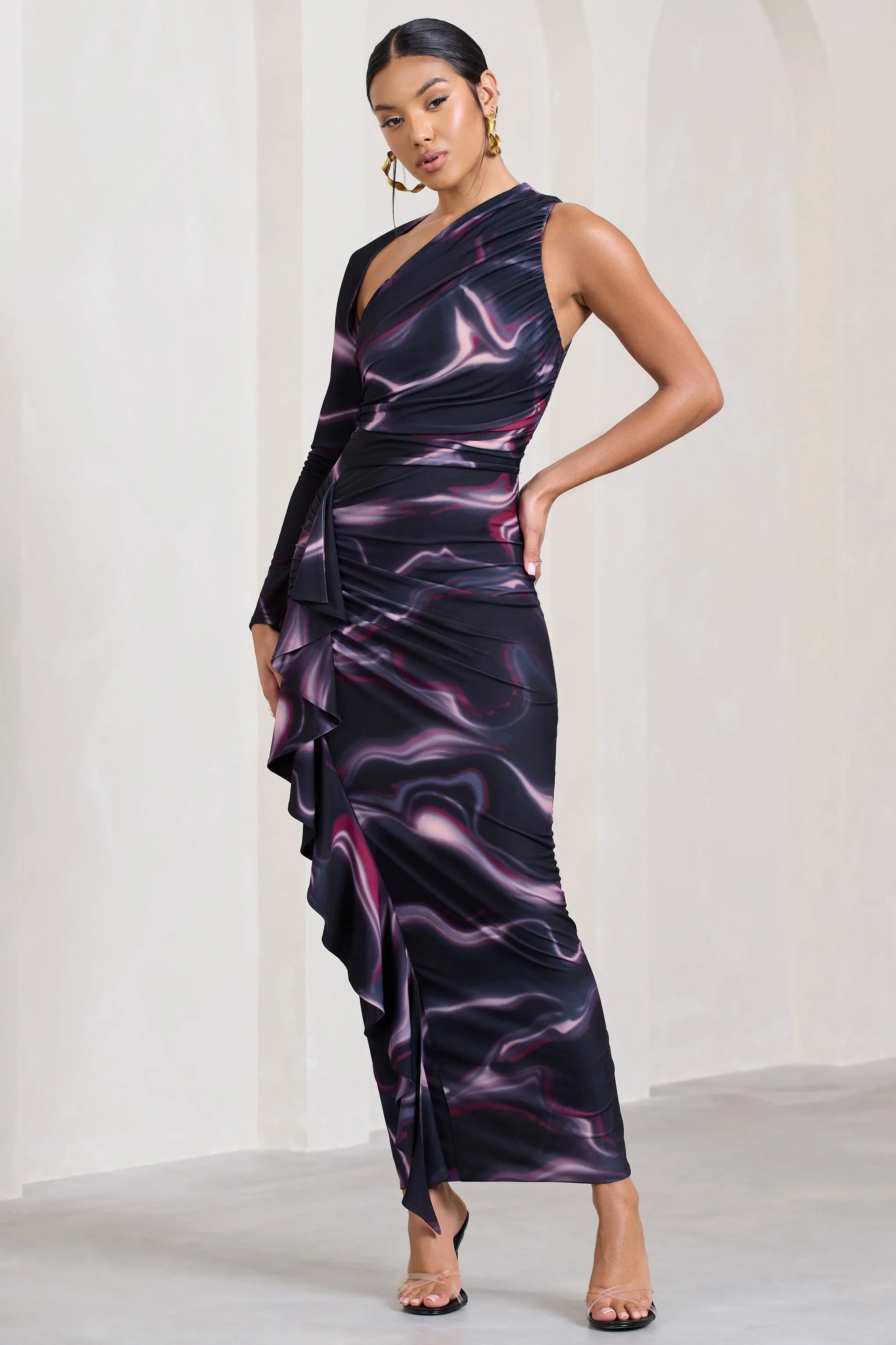 Compass | Black Printed One-Sleeved Cut-Out Maxi Dress With Ruffle sold by Club L London product image thumbnail 4