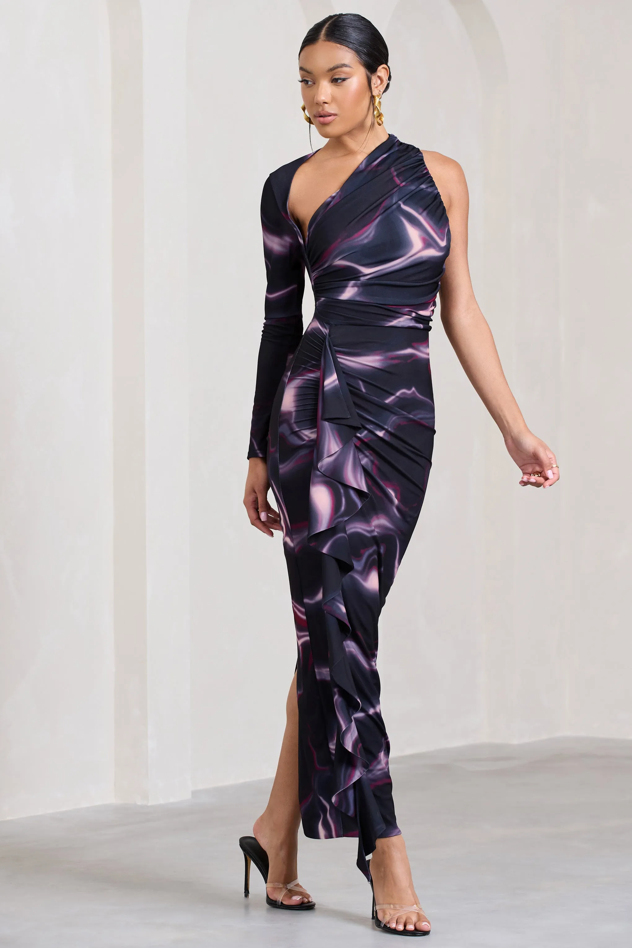 Compass | Black Printed One-Sleeved Cut-Out Maxi Dress With Ruffle sold by Club L London product image thumbnail 5