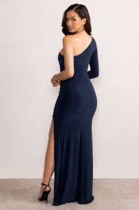 Este | Navy Asymmetric One Sleeve Maxi Dress with Ruched Waistline and Side Split sold by Club L London