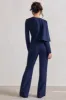 Erika | Navy Plunge Jumpsuit with One-Shoulder Cape Overlay sold by Club L London