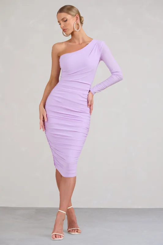 In The Shadows | One Shoulder Midi Dress Lilac With Ruching sold by Club L London