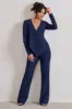Erika | Navy Plunge Jumpsuit with One-Shoulder Cape Overlay sold by Club L London