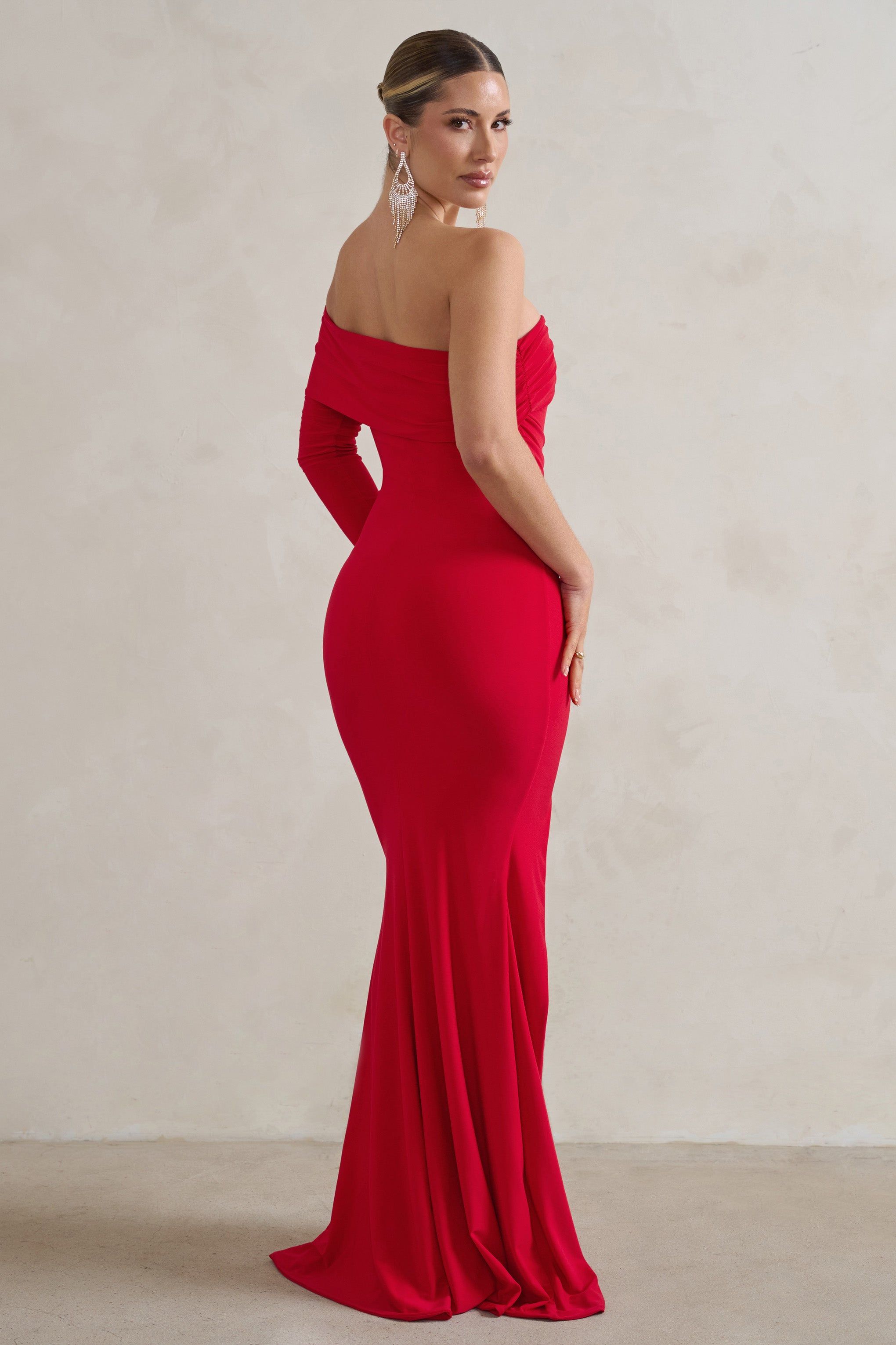 Meghan | Red Bardot Neck Thigh Split Fishtail Maxi Dress sold by Club L London product image thumbnail 2