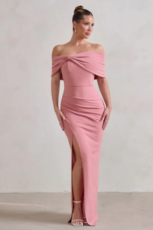 Eva | Powder Pink Bardot Bow Detail Maxi Dress With Thigh Split sold by Club L London