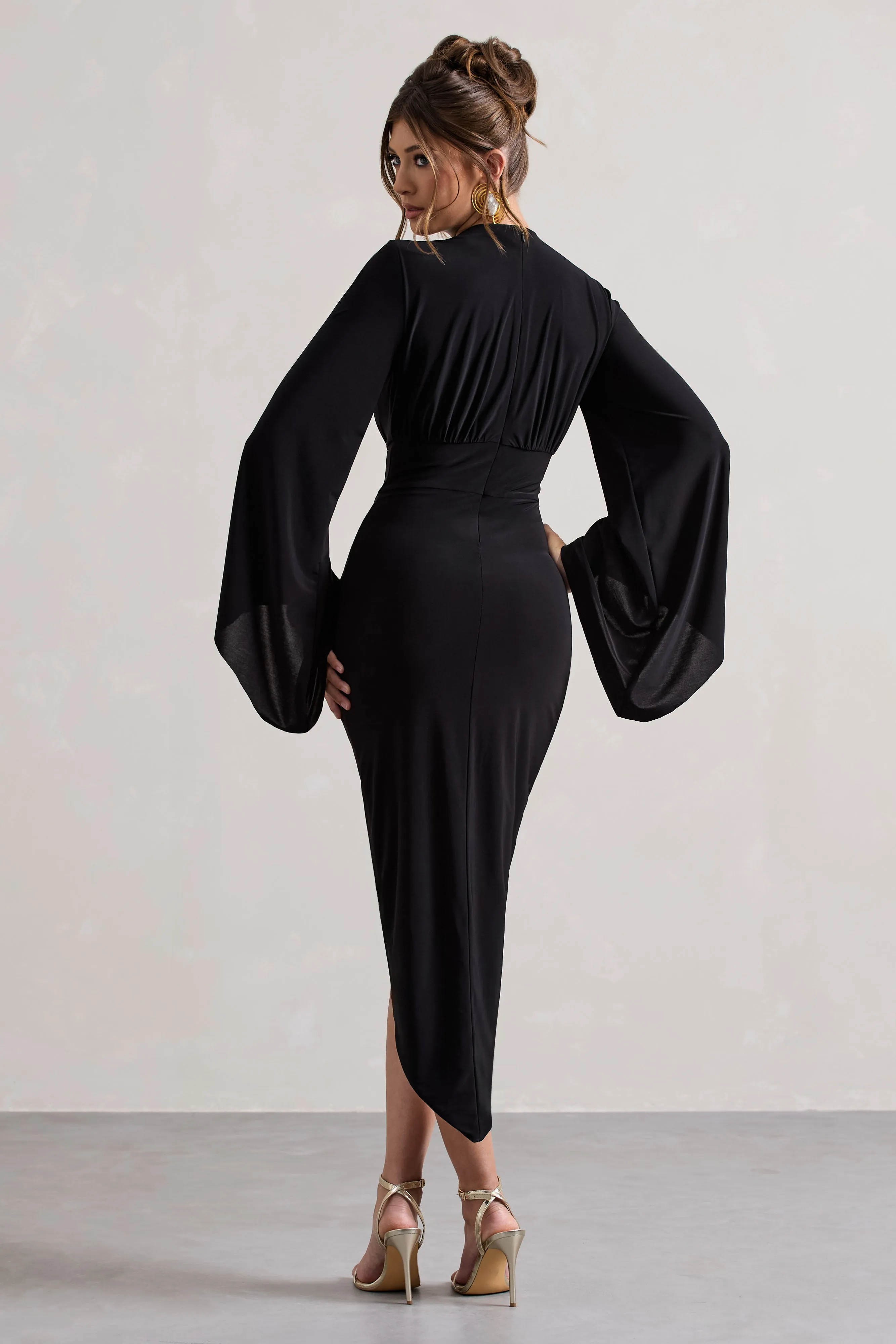 Lennox | Black Drape-Sleeve Gathered Midi Dress sold by Club L London product image thumbnail 2